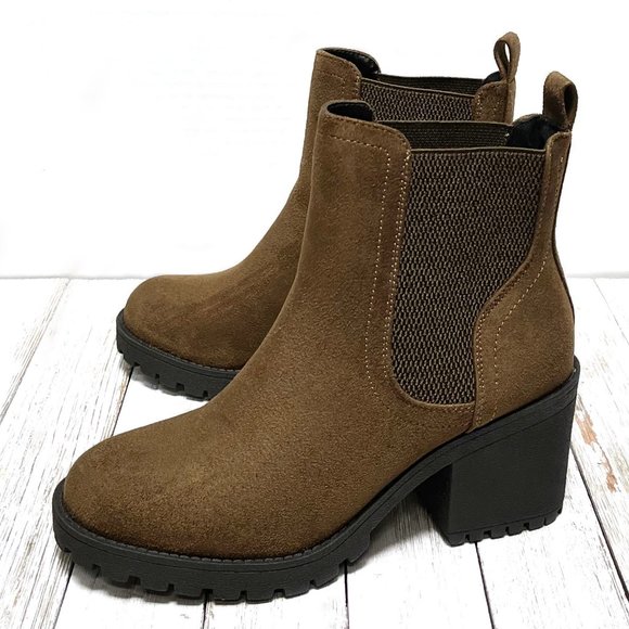 New Olive Forest Green Chelsea Elastic Platform Chunky Heel Ankle Boots Booties - Picture 1 of 4